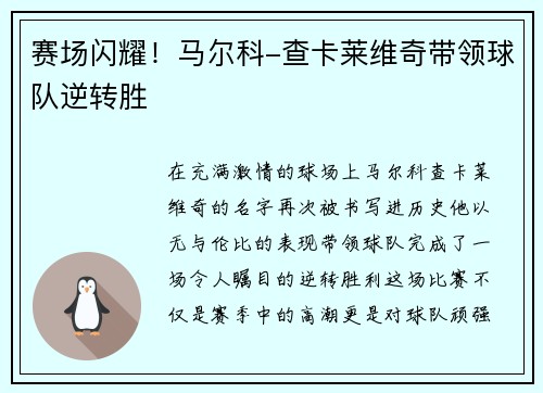 赛场闪耀！马尔科-查卡莱维奇带领球队逆转胜